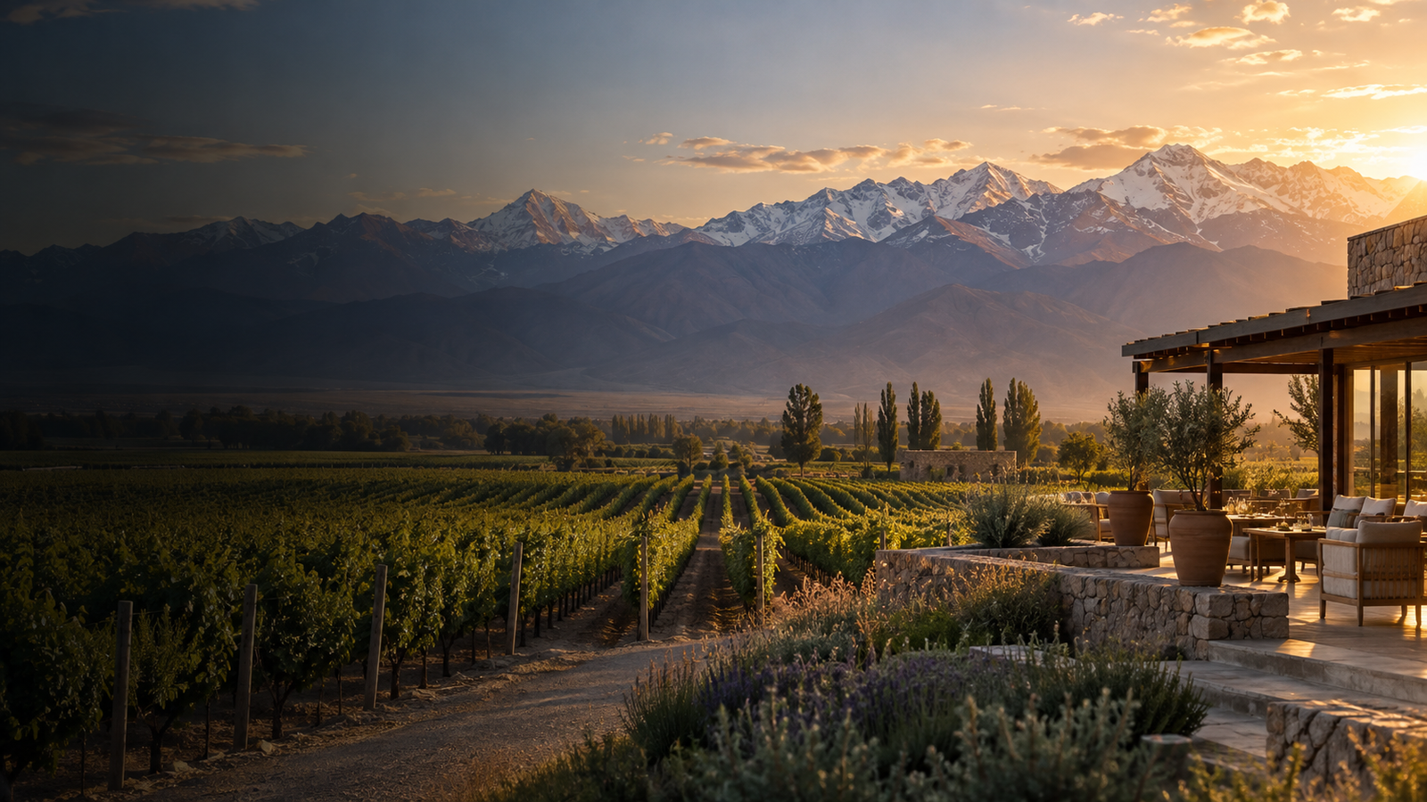 Viñedos de Mendoza y Cordillera de los Andes al atardecer