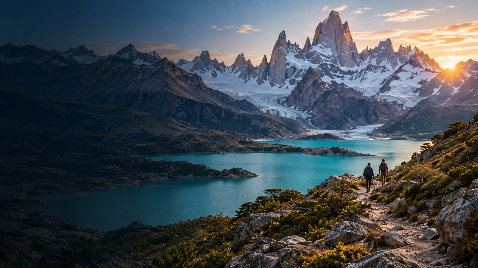 Senderistas frente a un lago y montañas de la Patagonia argentina